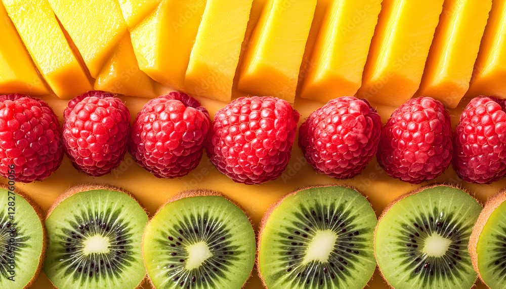 Poster vibrant close-up of sliced mango, raspberries, and kiwi arranged in rows, creating a colorful and ap