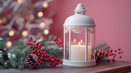 Vintage white lantern with candle, soft pink wall background, Christmas decorations, red berries, pine cones, and evergreen branches create a cozy warm lighting and hygge atmosphere.