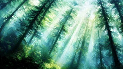 Sunlit Green Forest With Light Beams