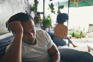 Thinking, frustrated and angry man with conflict, couple or toxic relationship with divorce,...