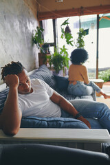 Thinking, stress or angry man with conflict, couple or toxic relationship with divorce, anxiety or...