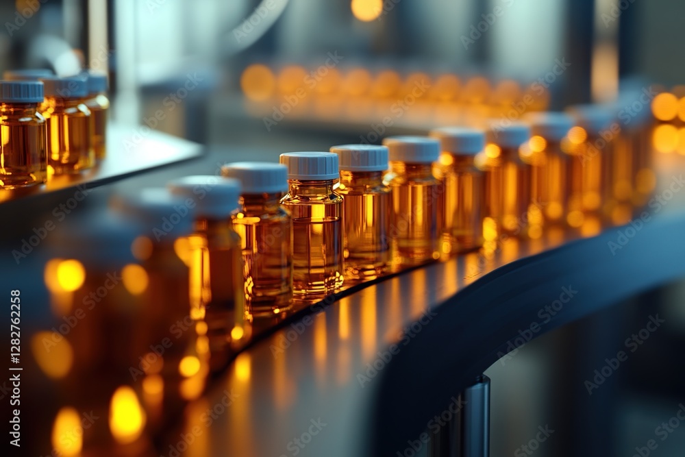 Poster automated conveyor system transports amber liquid in bottles efficiently through factory