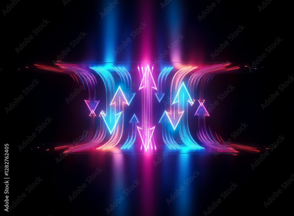 Poster vibrant neon lights form abstract arrow shapes against a dark backdrop. pink and blue hues illuminat