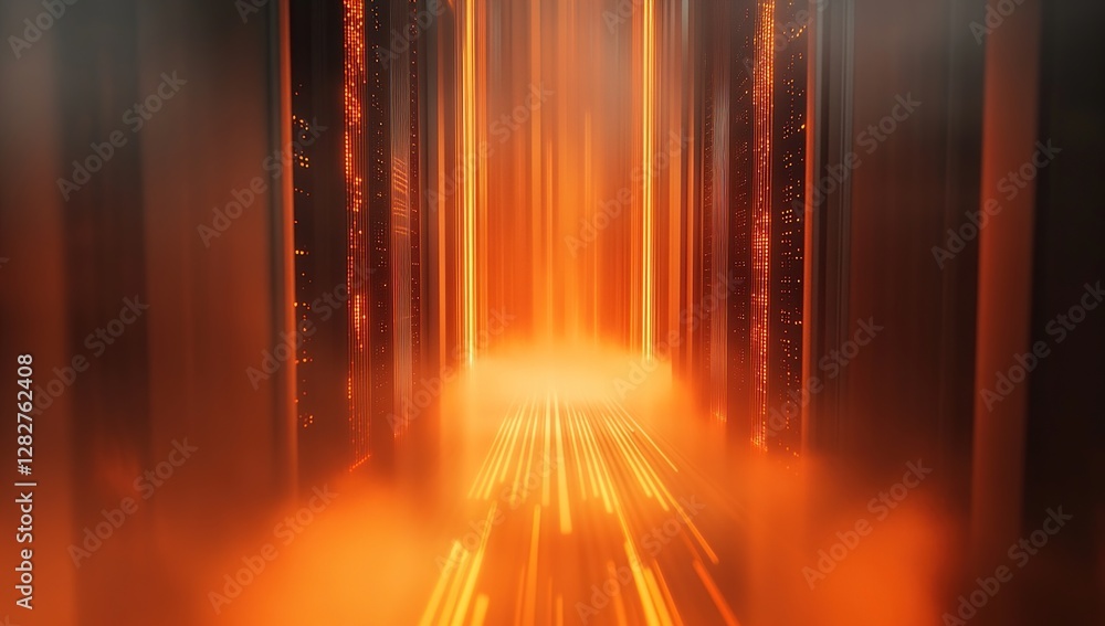Poster digital data streams flowing through futuristic servers in an orange glow