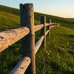 Old wooden fence in a green meadow with grass and trees on a sunny countryside day