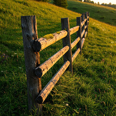 Old wooden fence in a grassy field with trees and blue sky