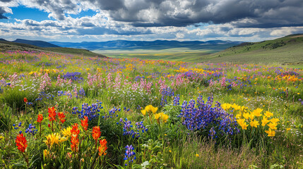 Obraz premium Vibrant Wildflower Meadow Landscape Under Dramatic Sky