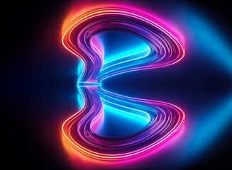 A vibrant abstract shape illuminated with pink and blue neon light stands out against a dark backdrop, creating a dynamic, futuristic and visually striking image.
