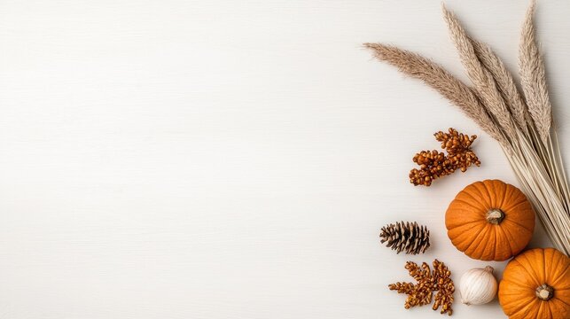 Autumnal arrangement on white background. Thanksgiving display.  Possible use Social media post, greeting card design