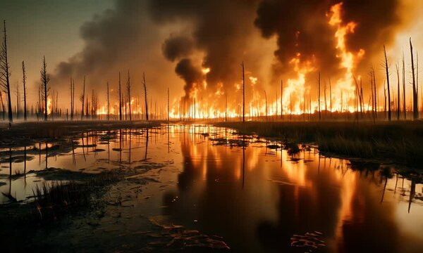 Intense wildfire engulfing a forest, reflecting in a calm water body amidst smoke and flames