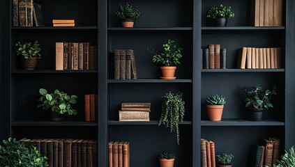 Dark bookcase, books, plants, home office, interior design (1)