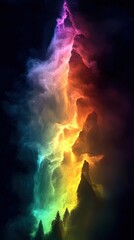 Obraz premium Colorful nebula cloudscape rising from mountains at night for fantastical backgrounds