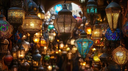 Fototapeta premium Colorful and Intricate Lanterns Hanging in a Lively Bazaar