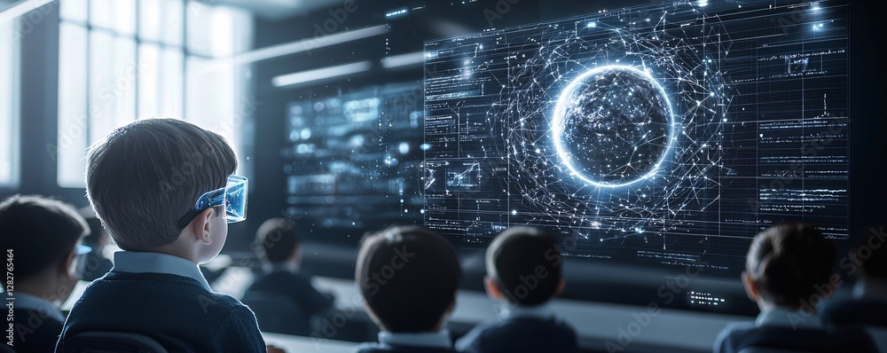 Poster a futuristic classroom where students interact with mixed reality holograms, digital planets floatin