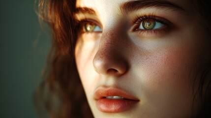 A portrait of a young woman, her face bathed in the soft glow of natural light, her eyes reflecting a gentle warmth and curiosity.