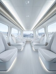 a high-speed train with passengers immersed in their AR experiences, virtual travel guides floating before them, windows displaying enhanced landscapes, ultra-detailed futuristic transportation