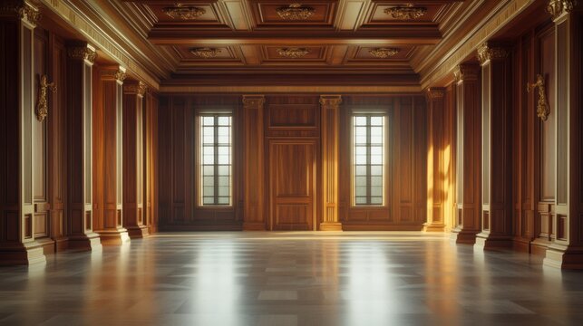 A legislative hall with elegant wooden decor and rich textures. Featuring tradition and prestige