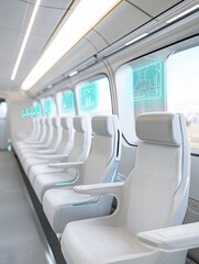 Fototapeta premium a high-speed train with passengers immersed in their AR experiences, virtual travel guides floating before them, windows displaying enhanced landscapes, ultra-detailed futuristic transportation