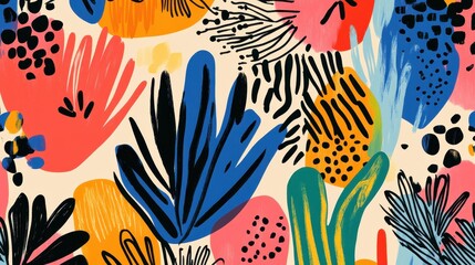 Naklejka premium A symphony of organic shapes, crafted by hand and infused with the Memphis style is bold colors and playful spirit. A vibrant tapestry of natural and floral line art, ready to elevate your social