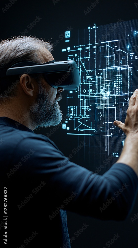 Wall mural a construction site where engineers use mixed reality headsets to visualize 3d blueprints over the r