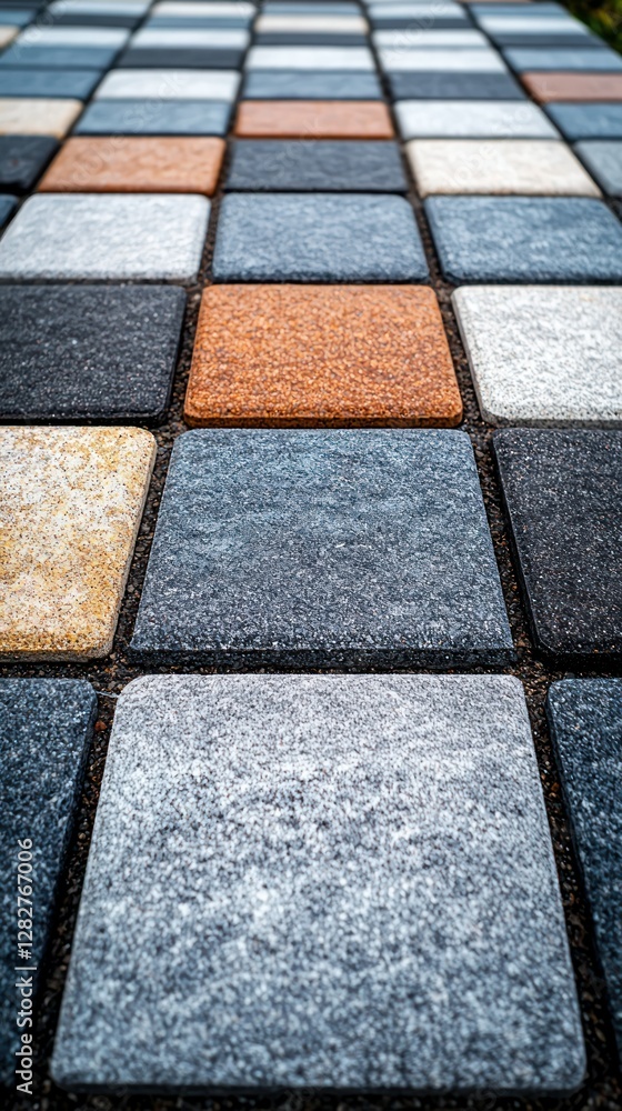 Poster colorful paving stones on walkway with blurred depth of field for architecture use
