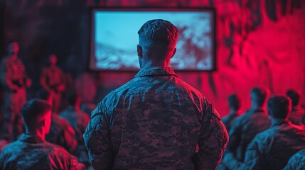 military operational meeting where an officer briefs soldiers on mission execution using a projector screen for strategy planning and national security insights