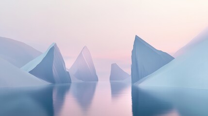 A minimalist, abstract landscape unfolds in three dimensions, featuring jagged, futuristic cliffs that pierce the sky above a tranquil body of water, bathed in the soft, ethereal light of a