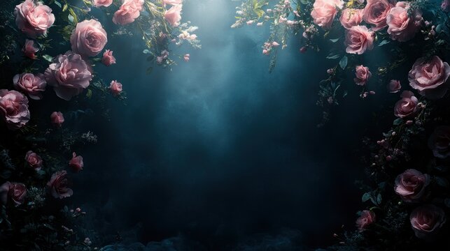Pink roses arch, dark moody forest,  romantic backdrop