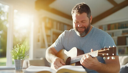 Obraz premium Happy man playing acoustic guitar at home, sunlight streaming through window, bookshelves in background; perfect for blogs, articles about hobbies, music