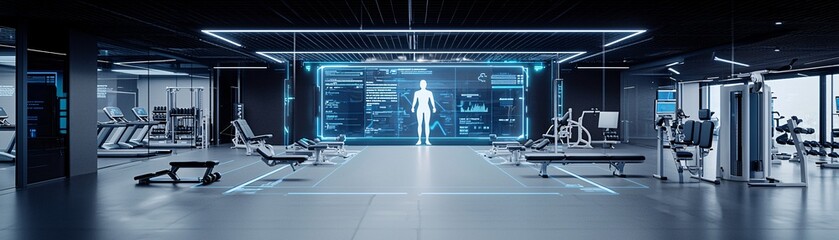 a futuristic gym with mixed reality workout assistants, holographic personal trainers guiding exercises, high-tech environment, dynamic lighting, ultra-sharp details