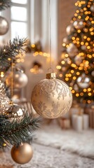 A beautiful golden ornament hanging from a Christmas tree, enhancing the festive mood.