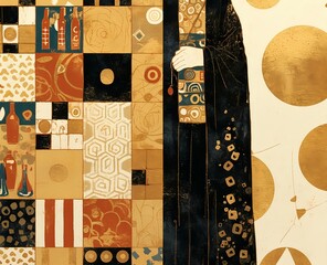 Modern art in an abstract style with wine bottles and geometric shapes in black, white, burgundy, and gold