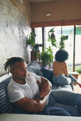 Thinking, ignore or angry man with conflict, couple or toxic relationship with divorce, anxiety or...