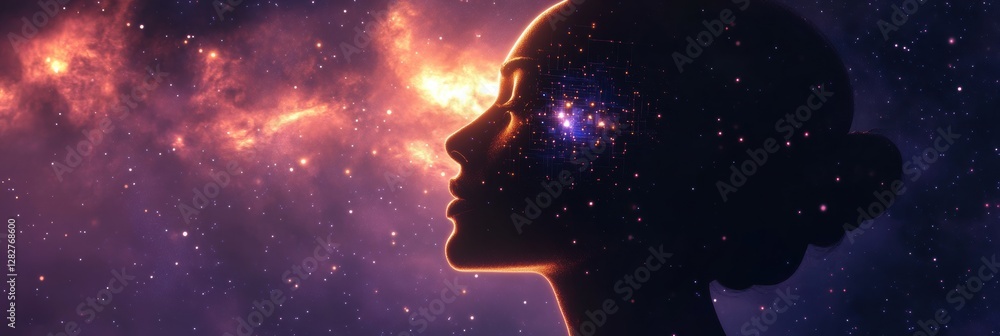Poster human head silhouette filled with glowing quantum circuits represents the fusion of neuroscience and