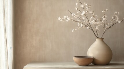 A serene haven of beige, sepia, and cream, adorned with an abstract linen wallpaper texture, evoking a sense of tranquility and sophistication.