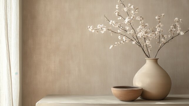 A serene haven of beige, sepia, and cream, adorned with an abstract linen wallpaper texture, evoking a sense of tranquility and sophistication.