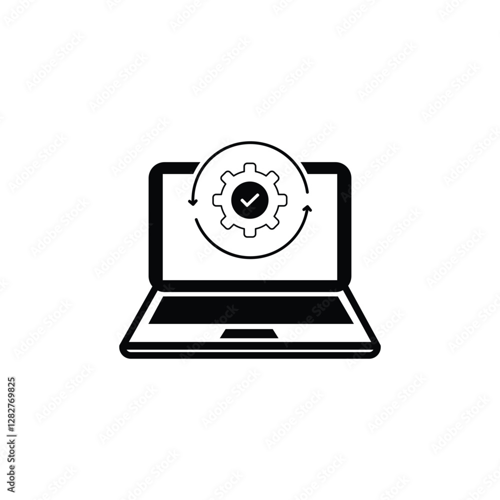 Poster upgrade of software black icon. computer system update silhouette pictogram. download process icon. 