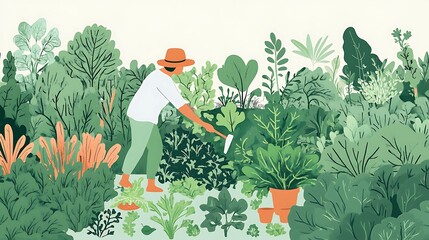 Person Tending A Lush Green Garden Of Various Plants