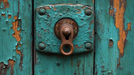 Rusty Lock on Weathered Turquoise Door with Peeling Paint