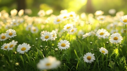 Fototapeta premium A seamless wallpaper backdrop of a verdant field of daisies in full bloom, bathed in the soft, golden light of spring, inviting viewers to wander through the floral landscape.