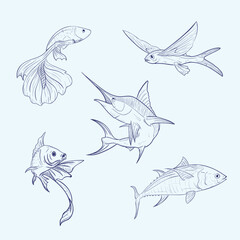 Fishes simple sketches collection 