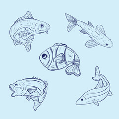 Set of fishes simple sketches illustration 