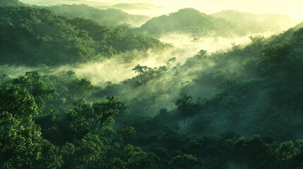 Obraz premium A breathtaking vista of a verdant forest, where morning mist clung to the towering trees, painting the landscape with a veil of tranquility and mystery.