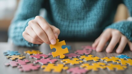 Inclusive classroom education empathy concept. A person is assembling colorful puzzle pieces on a wooden table, focusing intently on fitting one piece into the arrangement.