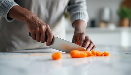 Person cutting fresh carrots on a marble countertop with a large knife, creating a healthy meal This image can be used for food blogging and healthy lifestyle content