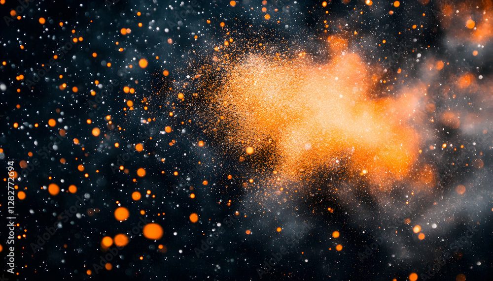 Poster abstract fiery explosion with orange and white sparks on a dark background. perfect for design proje