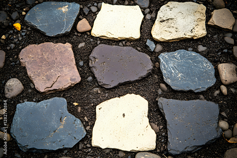 Poster colorful stone pathway texture, close-up view of irregular shaped paving stones set in dark soil. id