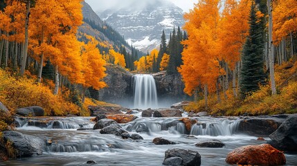 Captivating autumn landscape: golden yellow trees and cascading waterfall amidst a serene natural retreat