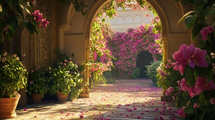 Fototapeta premium Serene Garden Pathway Surrounded by Vibrant Blooming Flowers