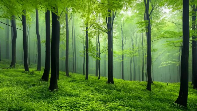 Lush green forest with tall trees, vibrant foliage, and misty atmosphere creating a serene landscape